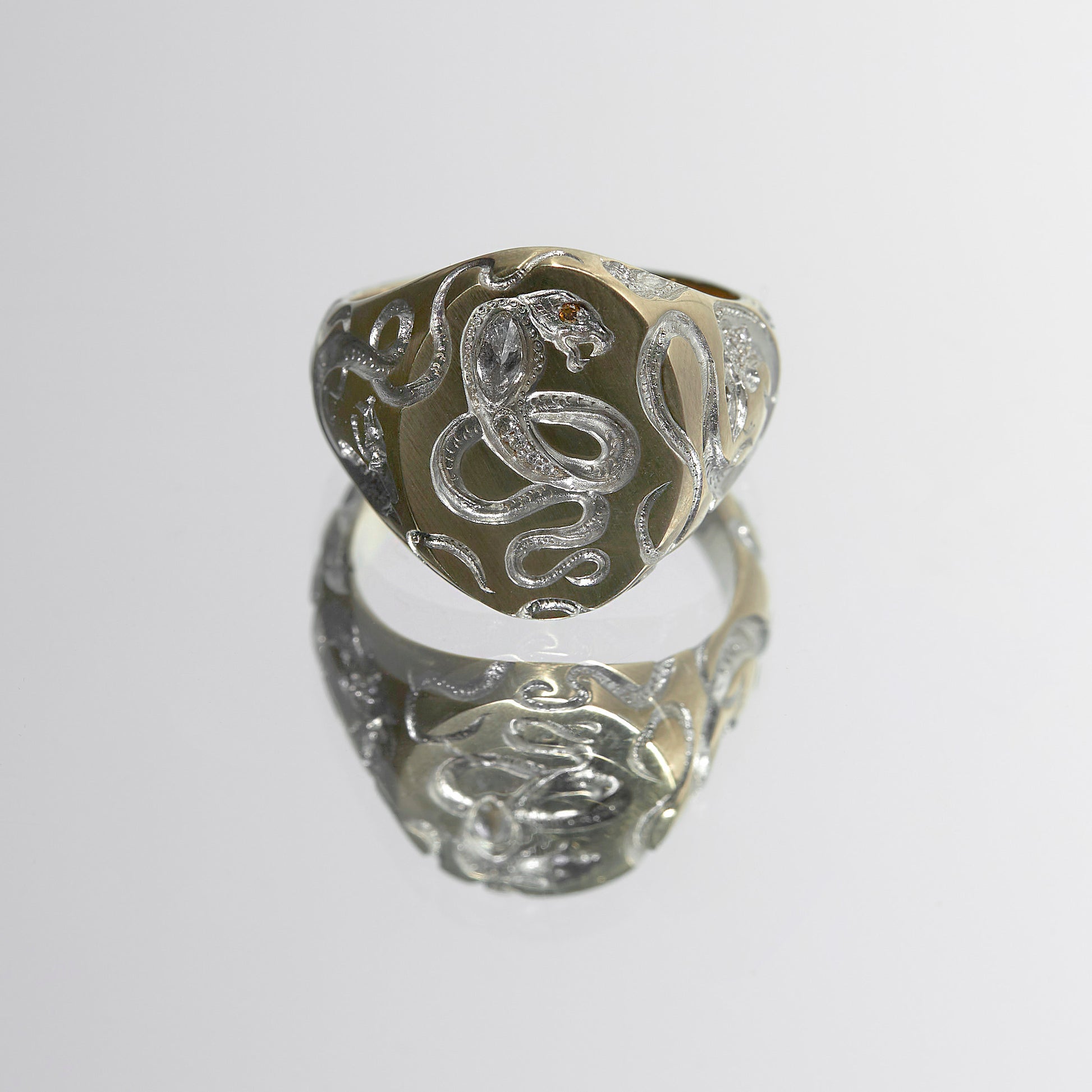 Castro Smith - engraved snake signet ring with silver plating and diamonds