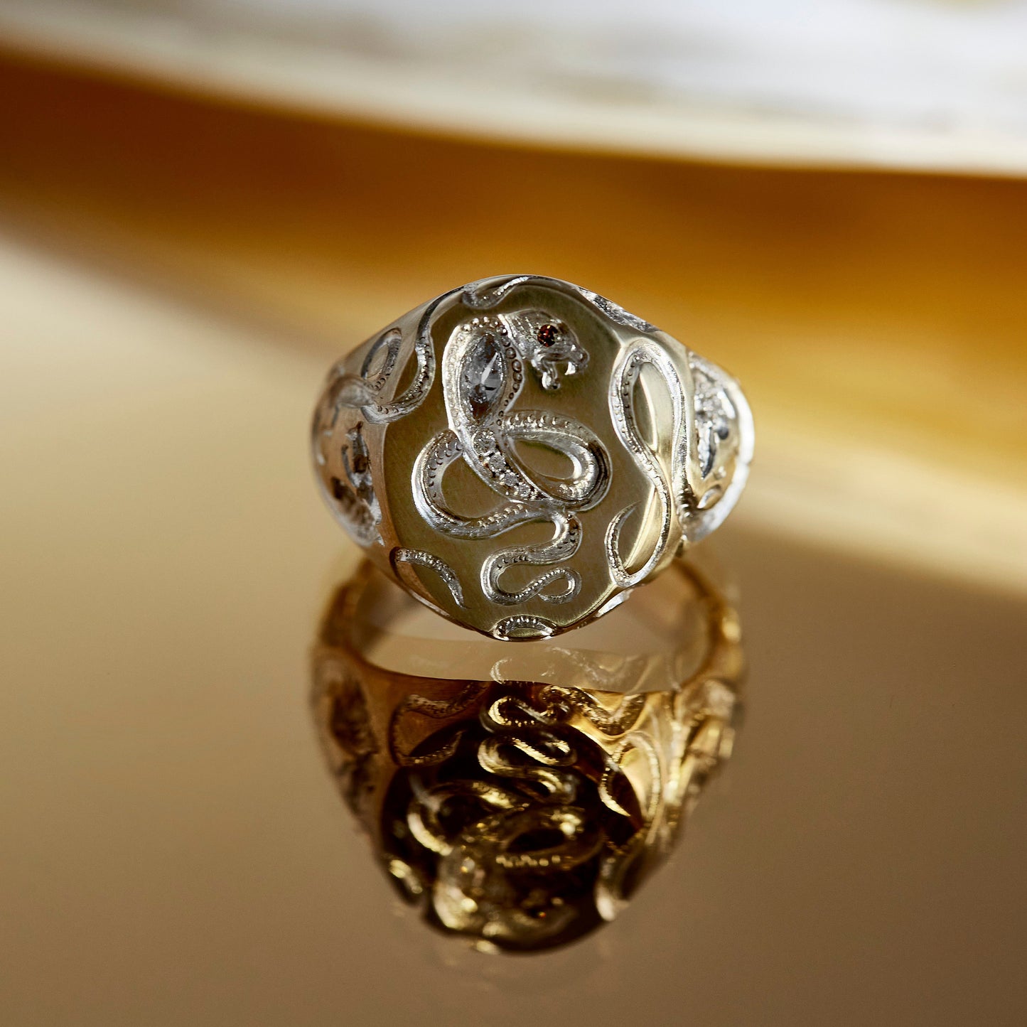 Castro Smith - engraved snake signet ring with silver plating and diamonds