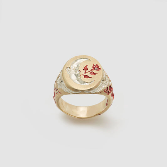 Castro Smith: Gold signet ring with hand engraved moon, flowers and owls set with diamonds and plated in red and silver.. 
