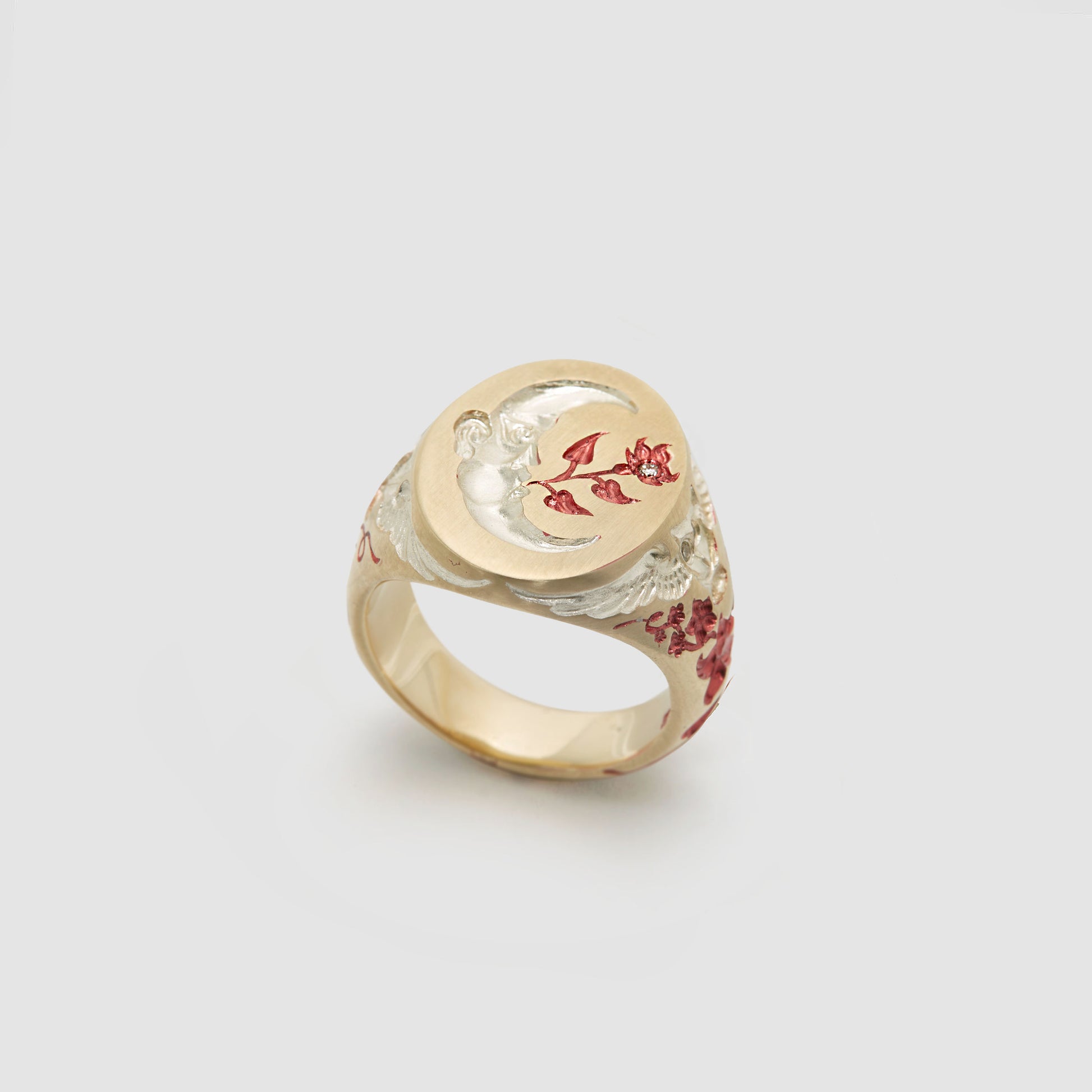 Castro Smith: Gold signet ring with hand engraved moon, flowers and owls set with diamonds and plated in red and silver.. 