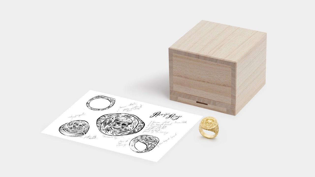 Castro Smith - packaging for gold skull signet ring