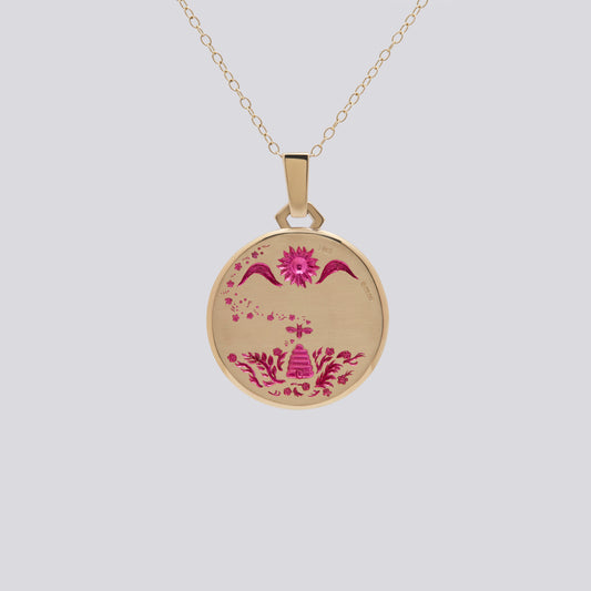 Castro Smith Jewelry hand engraved gold pendants for women with bee, hive and sun details. 