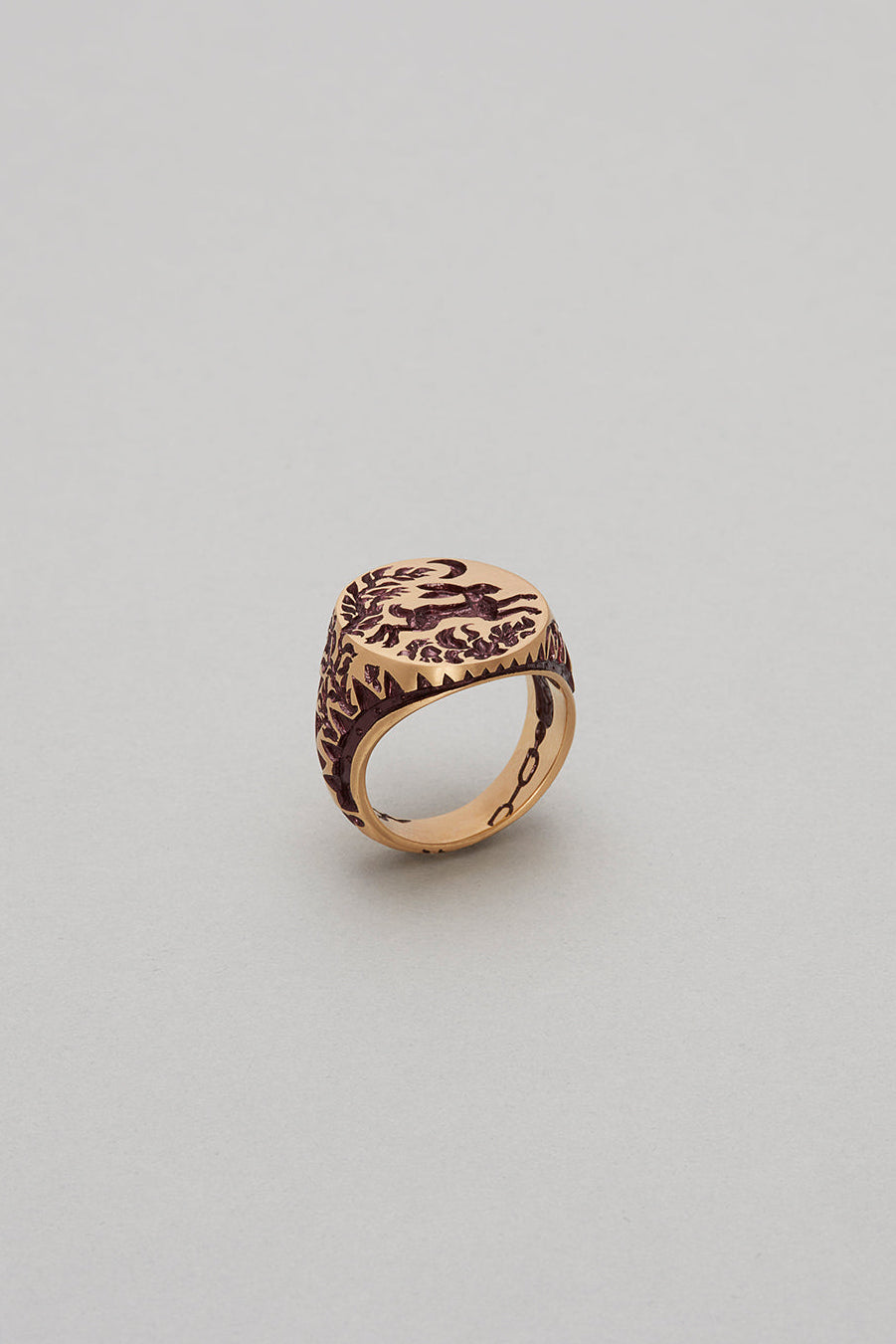 Hand engraved Hare & Trap signet ring in silver with blue detailing of a hare escaping under the moon and floral motifs
