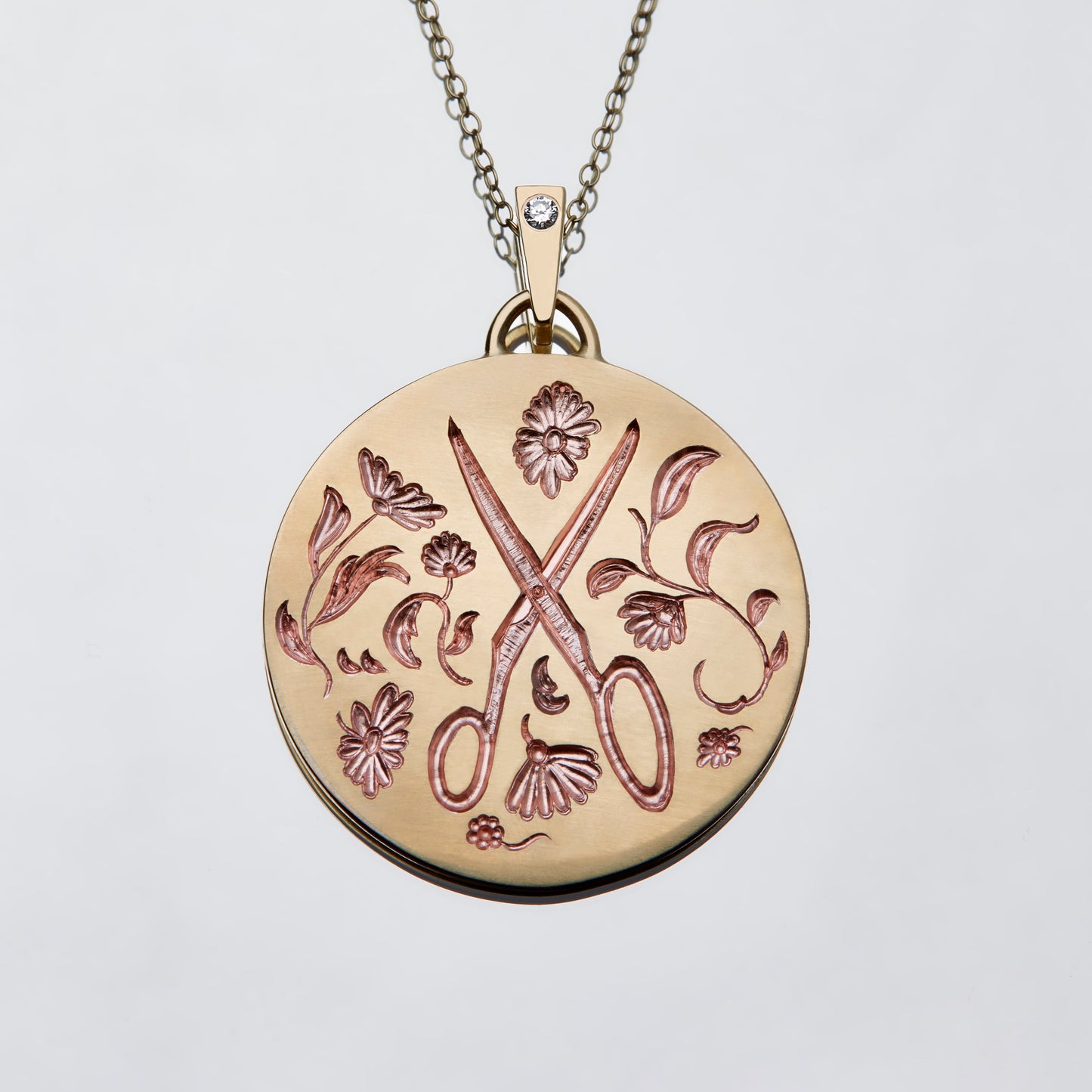 Castro Smith Jewelry Gold Frieda Pendant with Scissors, Flowers and Pearlescent Pink Engravings.