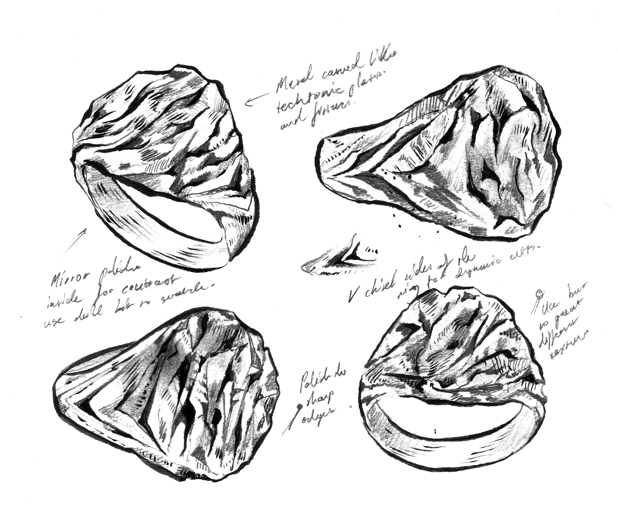 Illustration of the Mini Chisel Signet ring, showcasing detailed chiseled designs and cutting techniques.