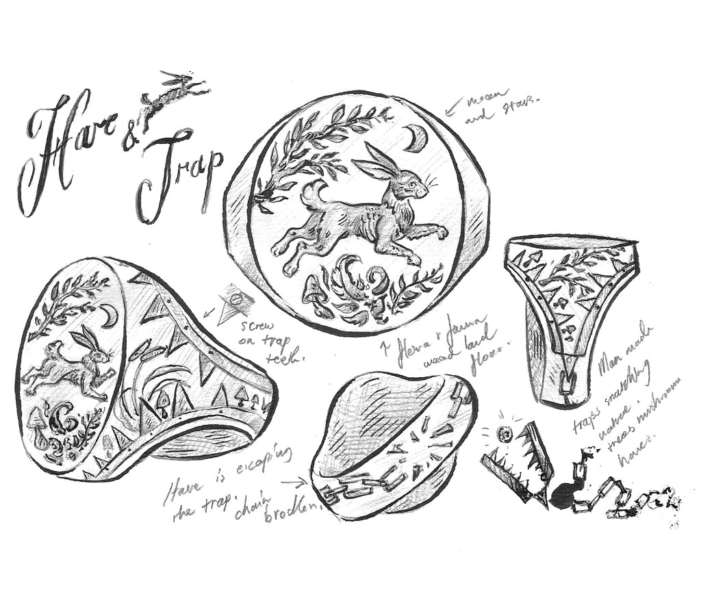 Hand engraved Hare & Trap signet ring design sketch featuring a hare escaping a trap under the moon and foliage details.