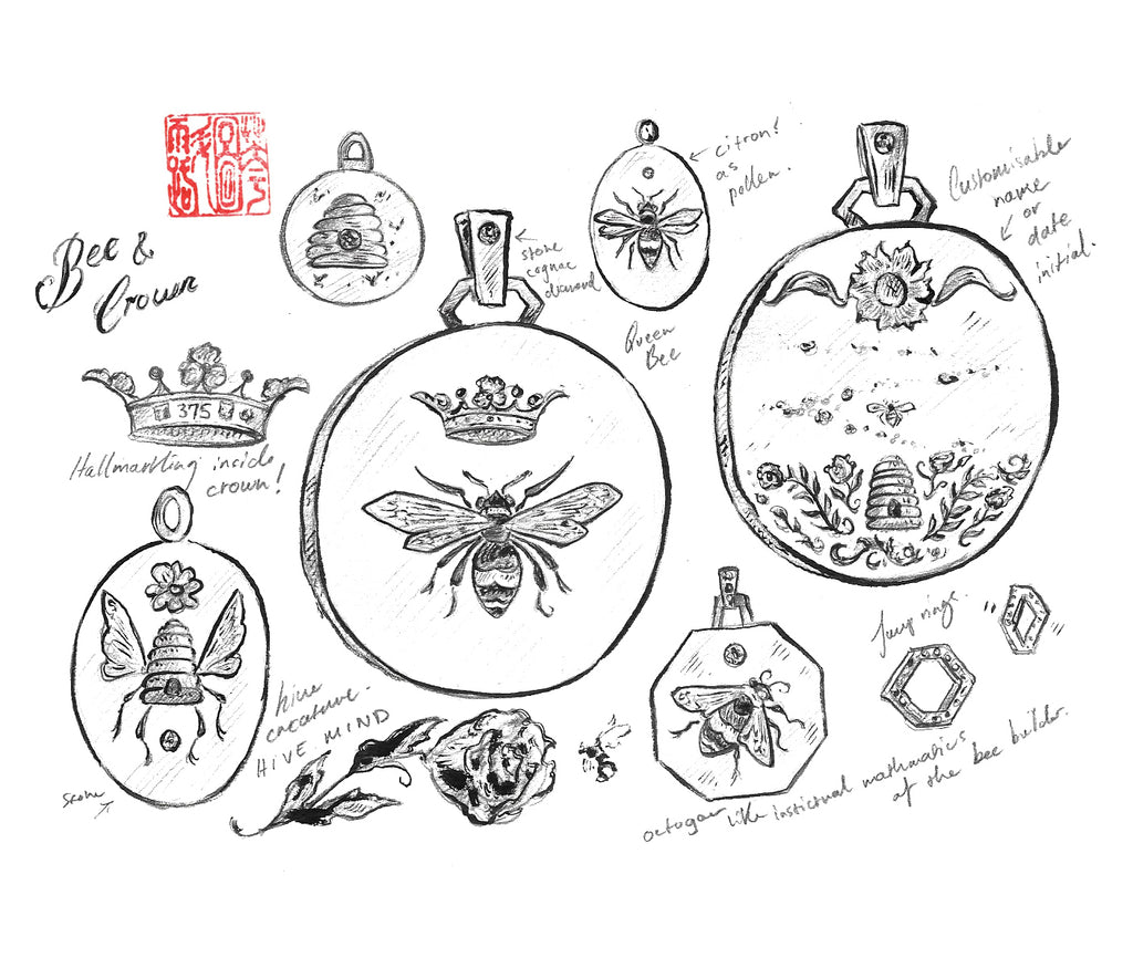 Hand-engraved Queen Bee Pendant sketch featuring bee, crown, hive, sun, and personal inscription space details