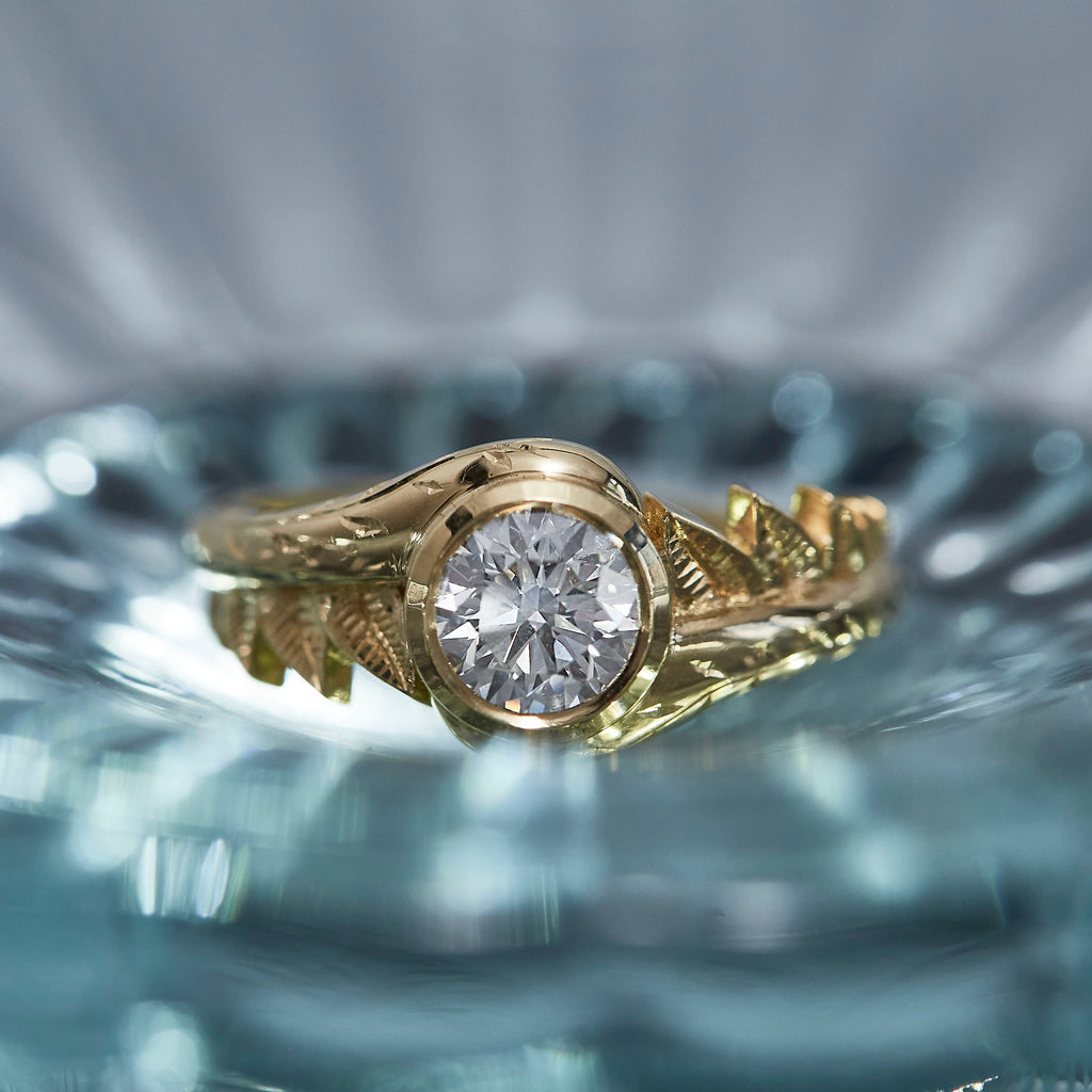 Castro Smith Branch Nature Inspired Engagement Ring with Diamond Hand Engraved Unique Bespoke