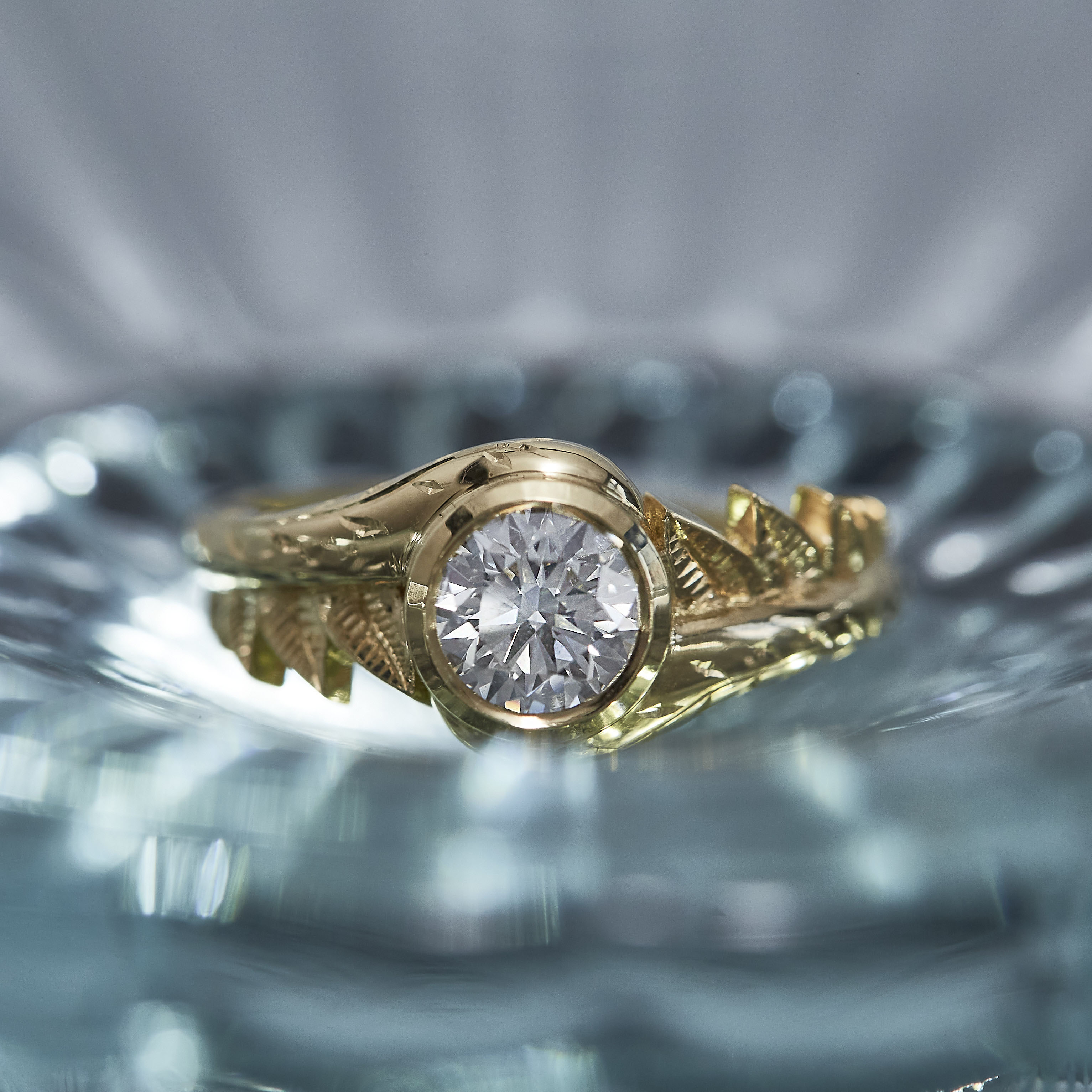 Castro Smith Branch Nature Inspired Engagement Ring with Diamond Hand Engraved Unique Bespoke