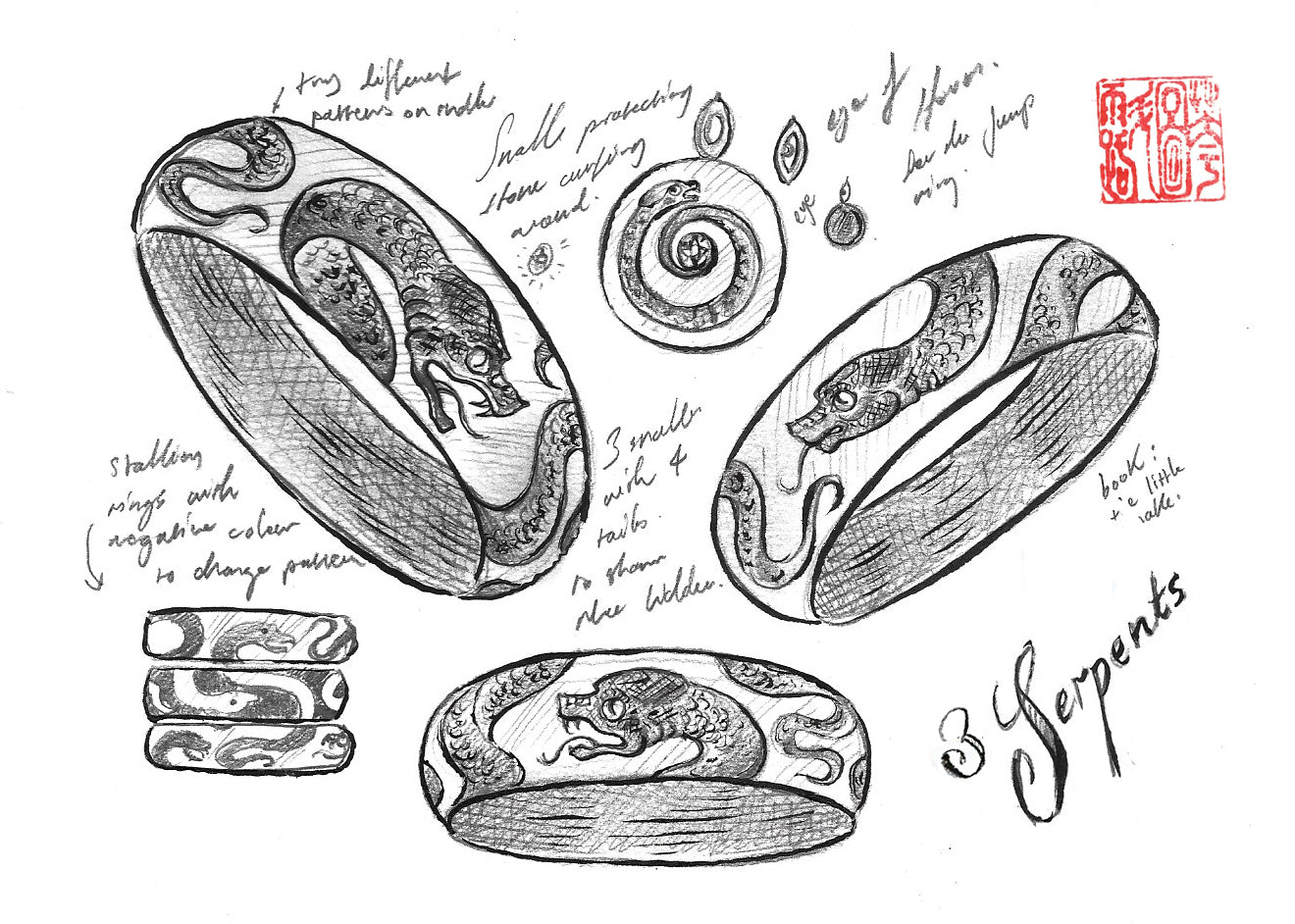 3 Serpents Snake Band Ring