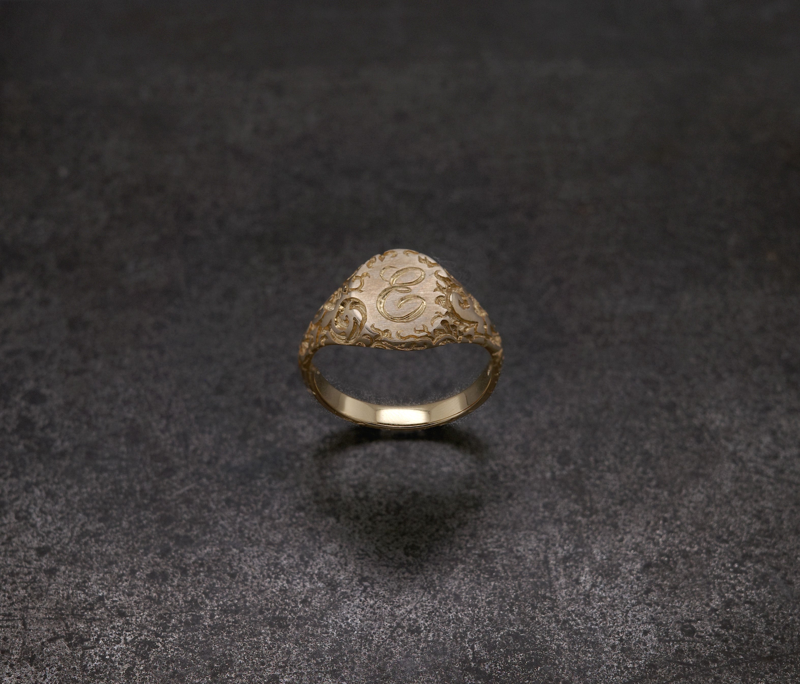 E Minor Signet Ring featuring custom initials in an intricately designed mini signet format.
