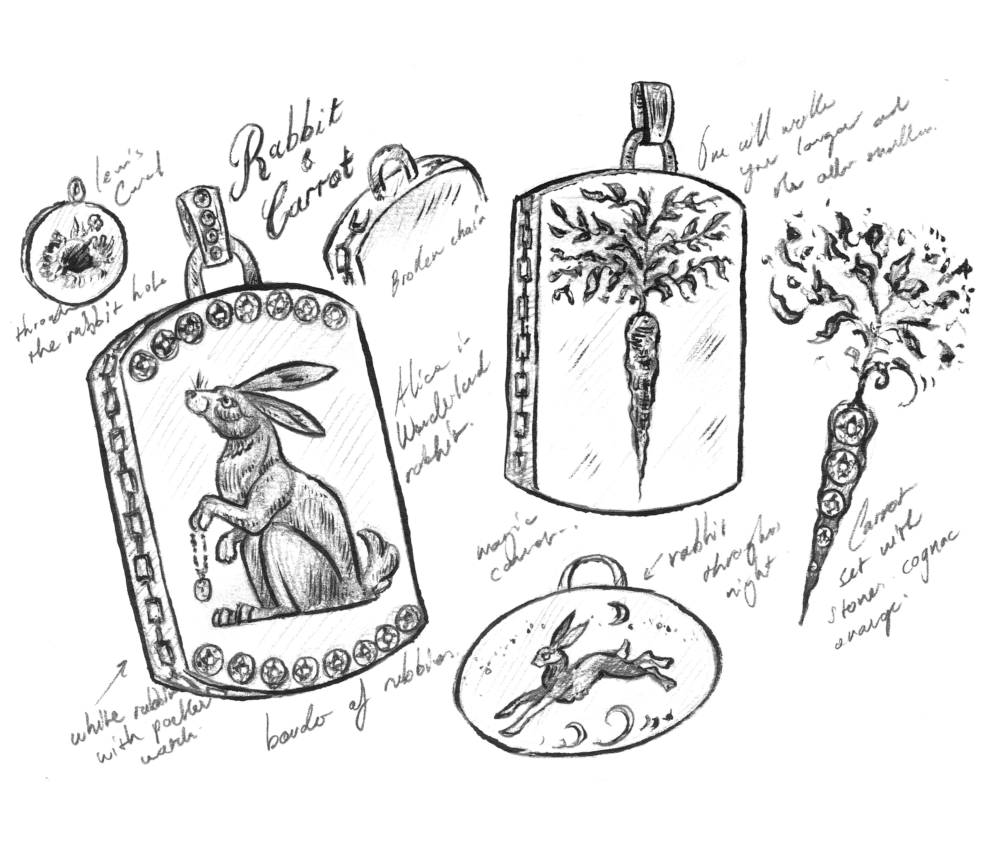Sketches of hand-engraved rabbit and carrot pendant designs with intricate chain and ornamental details on paper