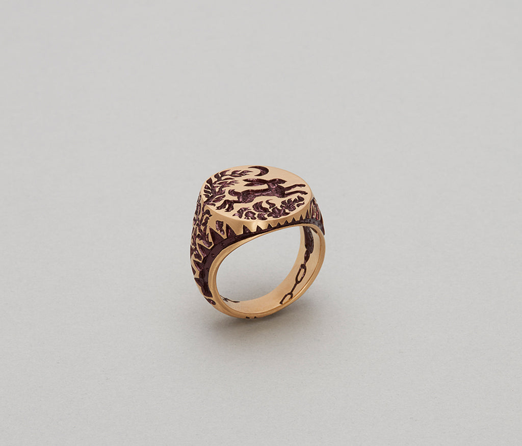 Hand engraved Hare & Trap signet ring featuring a hare escaping from a trap under the moon in classic design