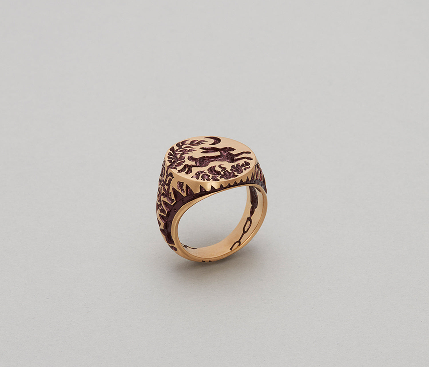 Hand engraved Hare & Trap signet ring featuring a hare escaping from a trap under the moon in classic design