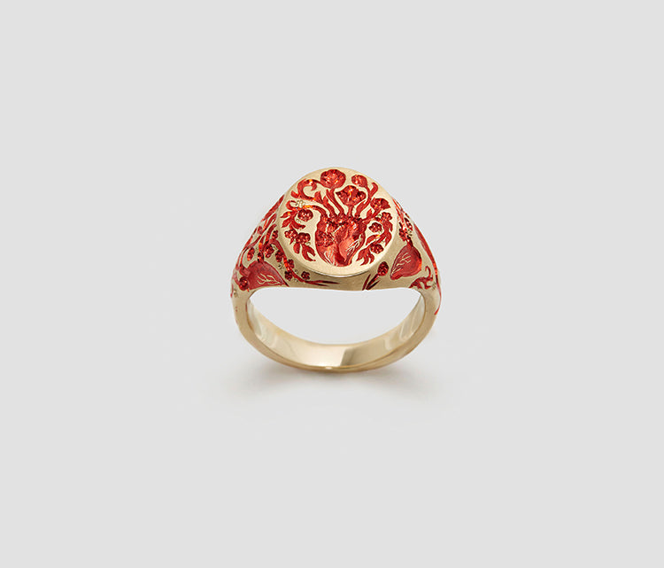 Gold Heart Signet Mini ring with detailed anatomical heart engraving symbolizing healing and thoughtful design