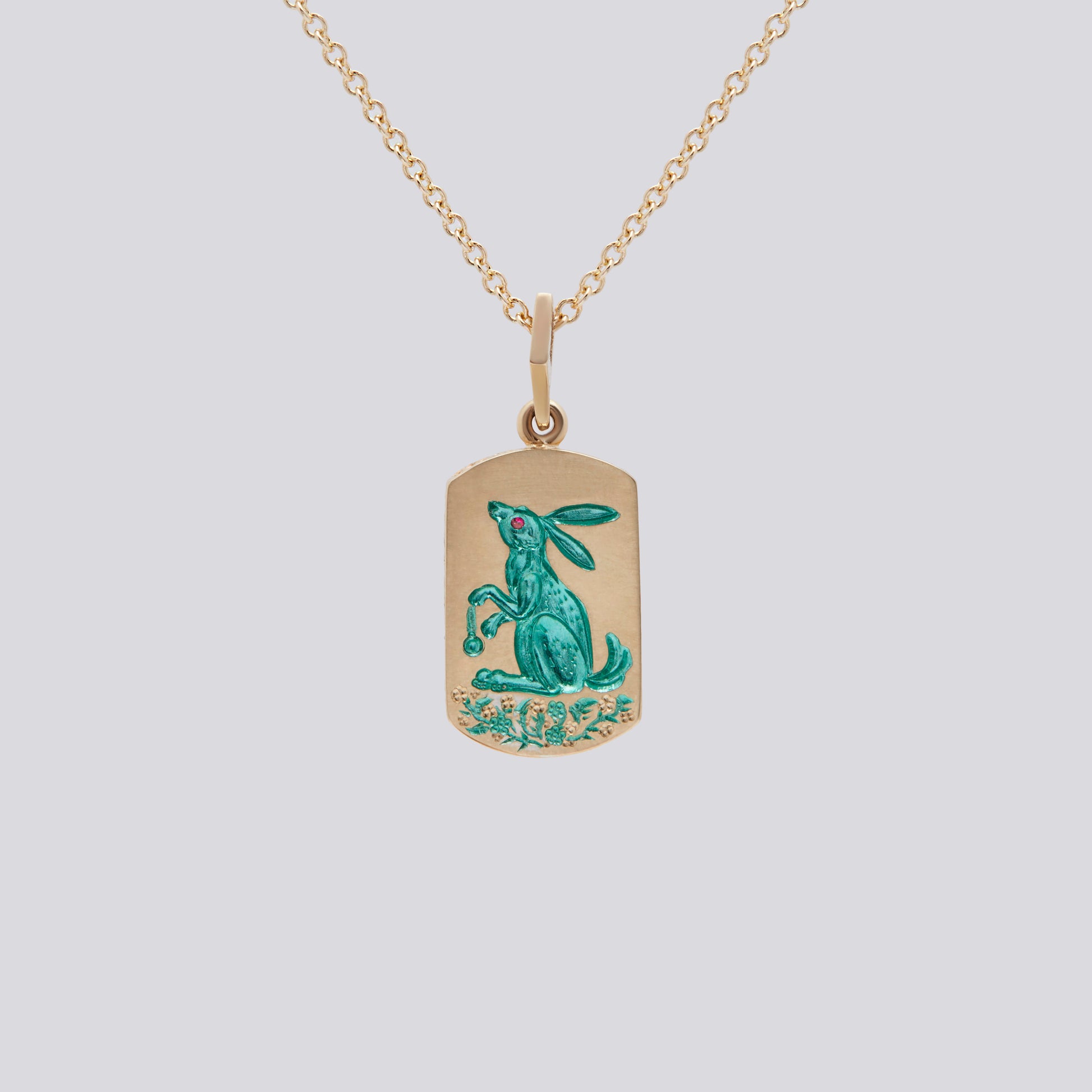 Castro Smith Jewelry Gold Rabbit Pendant Necklace with Green Engravings.