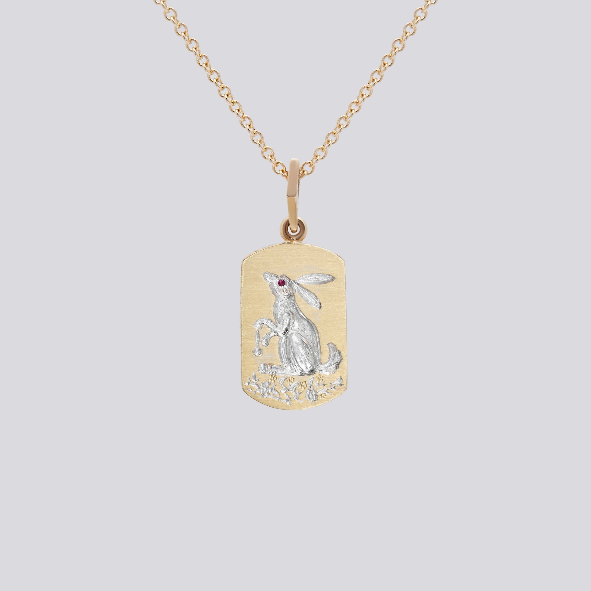 Castro Smith Jewelry Gold Rabbit Pendant Necklace with White Engravings.