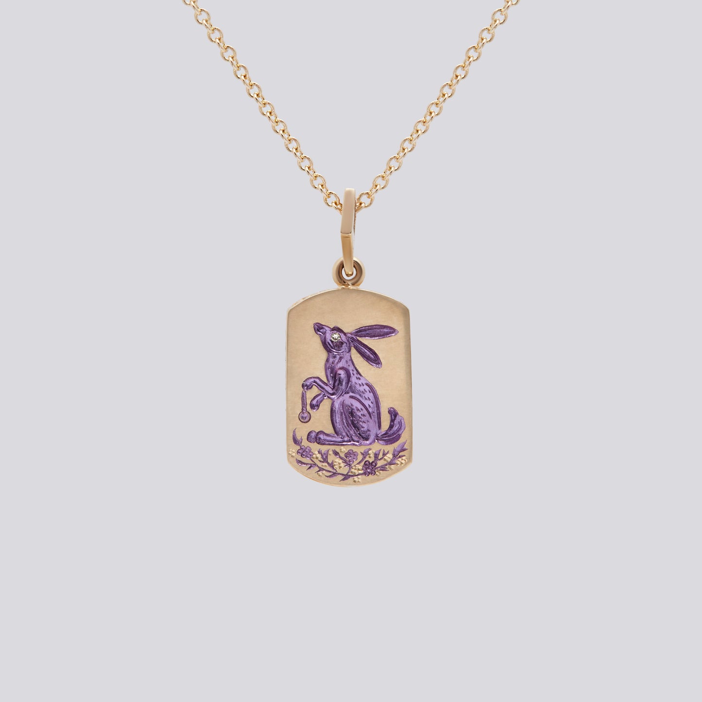 Castro Smith Jewelry Gold Rabbit Pendant Necklace with Purple Engravings.