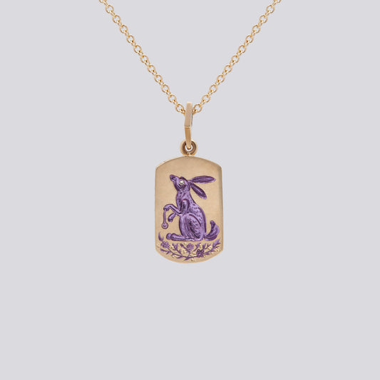 Castro Smith Jewelry Gold Rabbit Pendant Necklace with Purple Engravings.