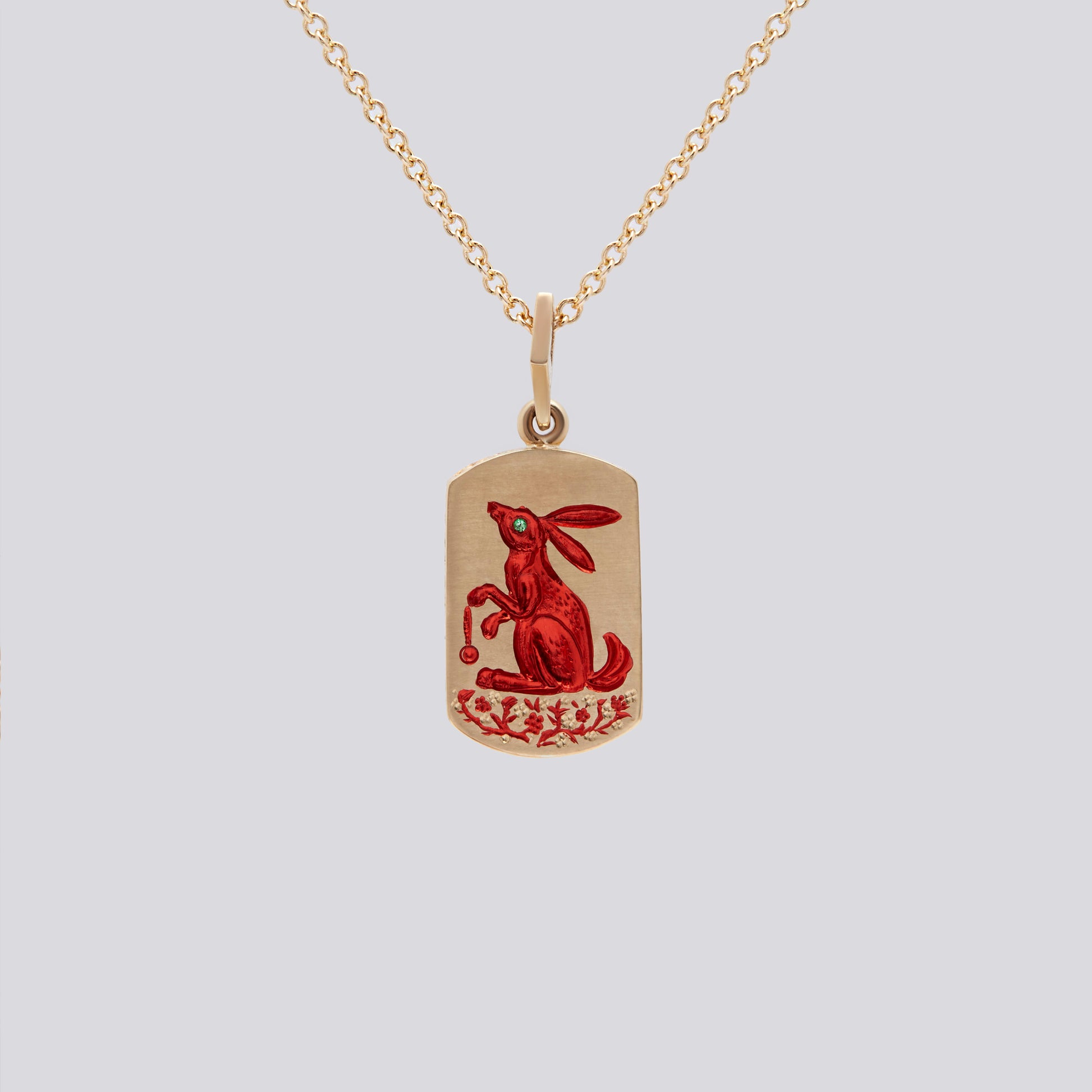 Castro Smith Jewelry Gold Rabbit Pendant Necklace with Red Engravings.