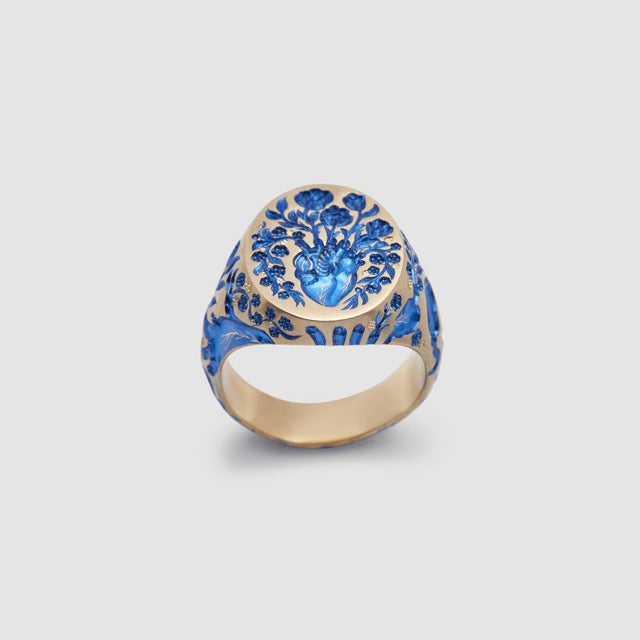 Castro Smith Jewelry Gold Heart Signet Ring with Blue Engravings.