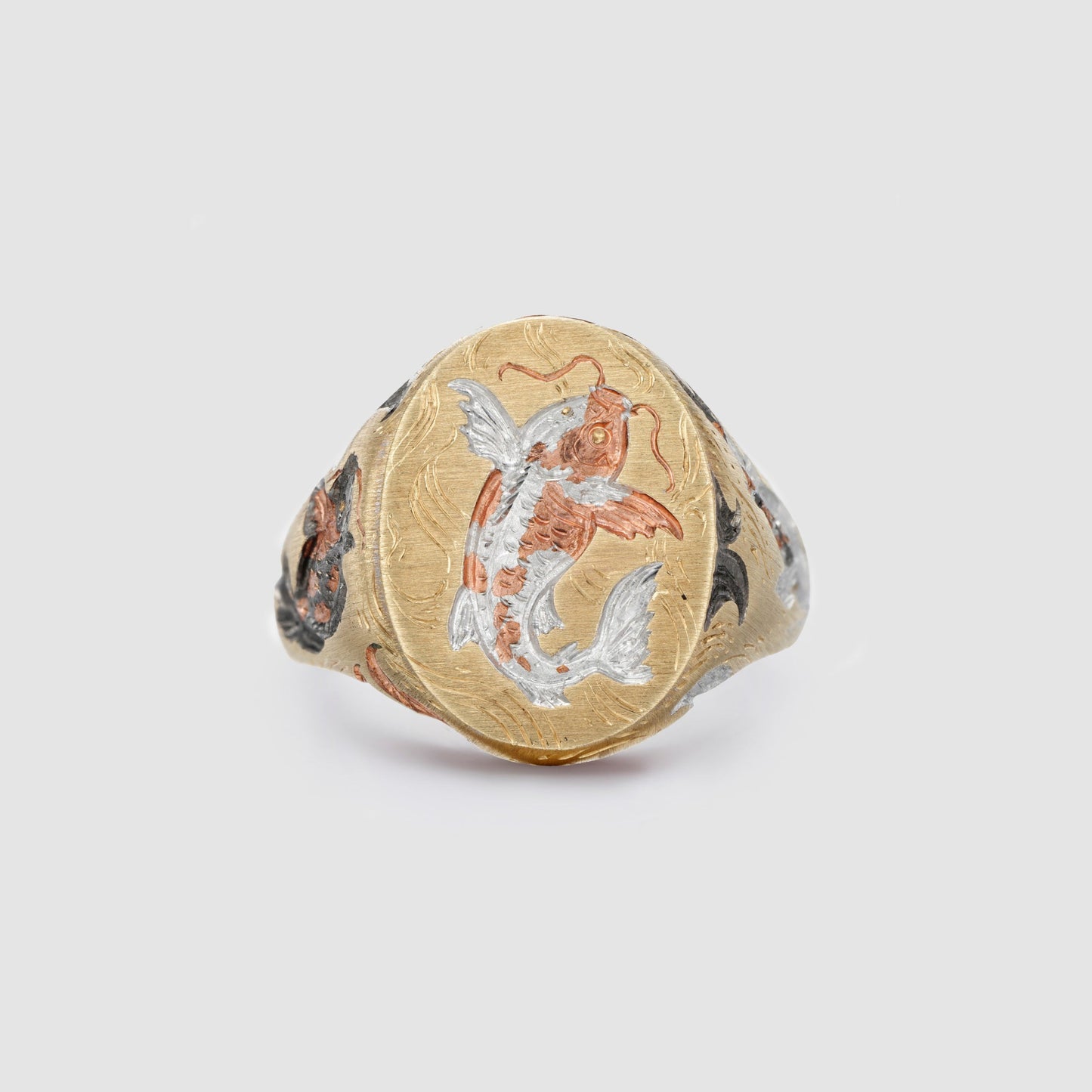 Castro Smith Jewelry Gold Koi Carp Signet Ring with Engravings.