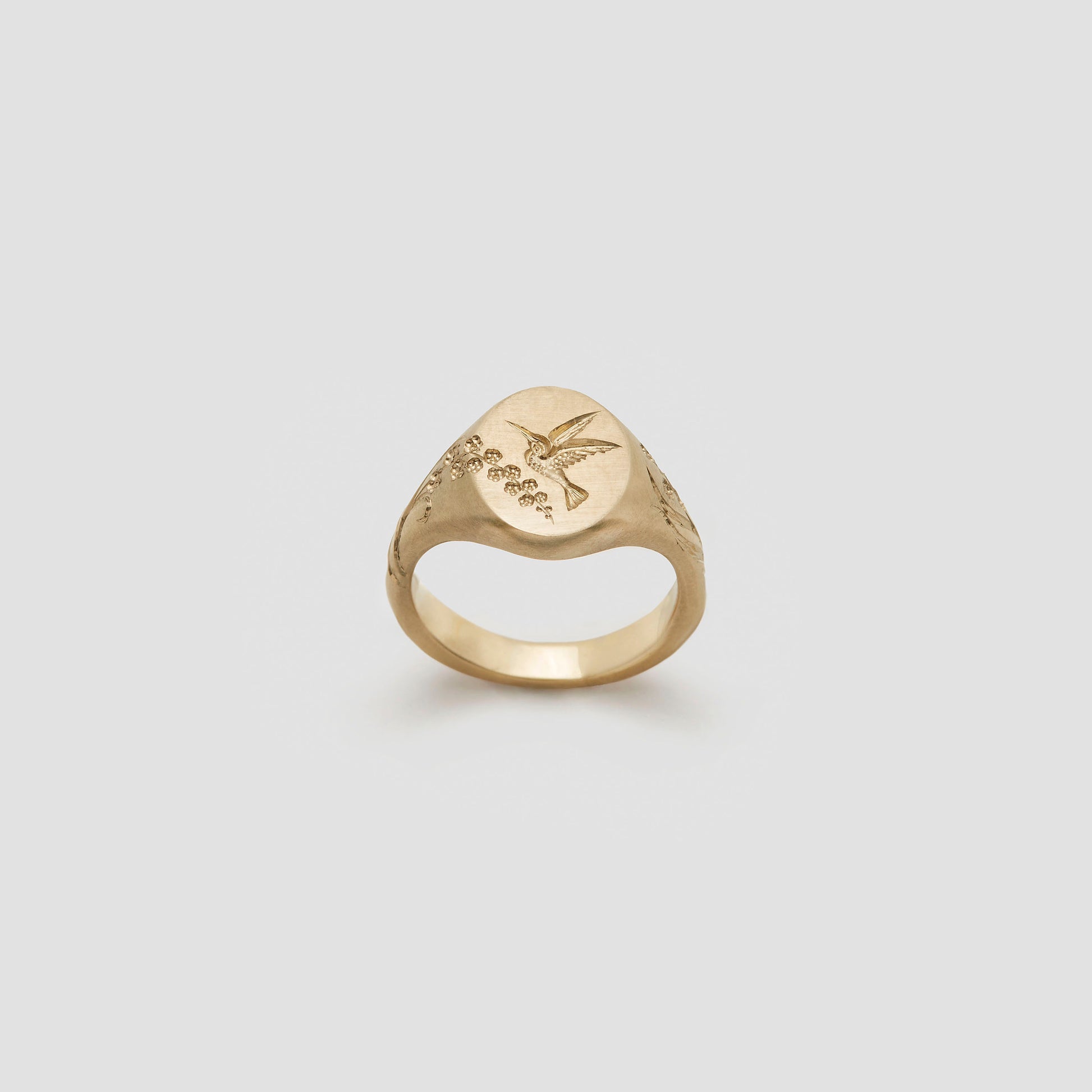 Castro Smith Jewelry Gold Hummingbird Signet Ring with Engravings.