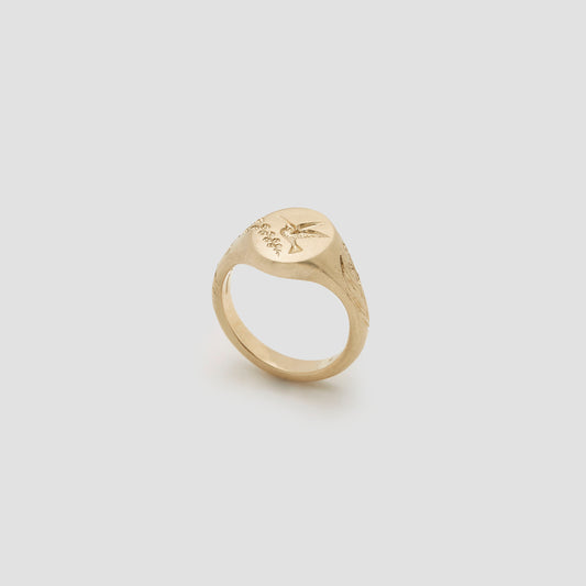 Castro Smith Jewelry Gold Hummingbird Signet Ring with Engravings in Right Side View.