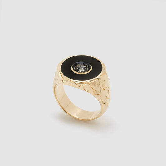 Castro Smith Jewelry Gold Oubliette Signet Ring with Onyx Around a Concave Galaxy with a Centre Diamond.