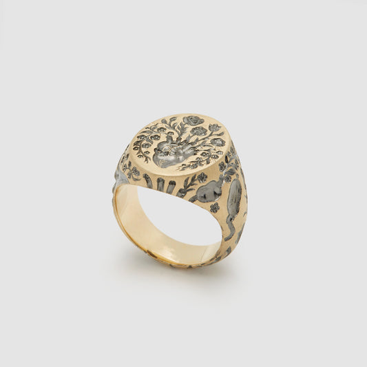 Castro Smith Jewelry Gold Heart Signet Ring with Gray Engravings in Right Side View Upward Position.