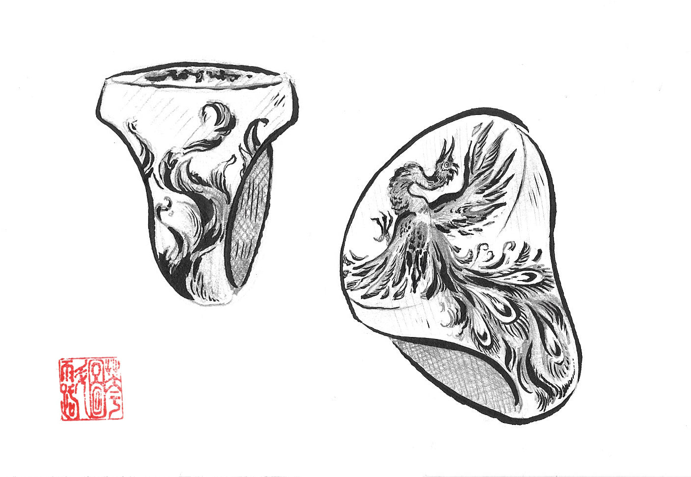 Castro Smith Jewelry Phoenix Signet Ring Sketch Drawing.
